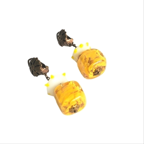 Vintage Blown Glass Clip-On Earrings Yellow White Italian Beads Bronze 60s - Picture 5 of 9